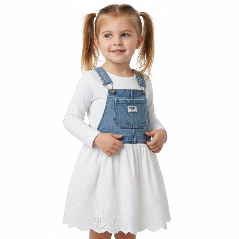 OshKosh B’gosh Girls Denim Overall Dress with White Eyelet Skirt | Size 5T